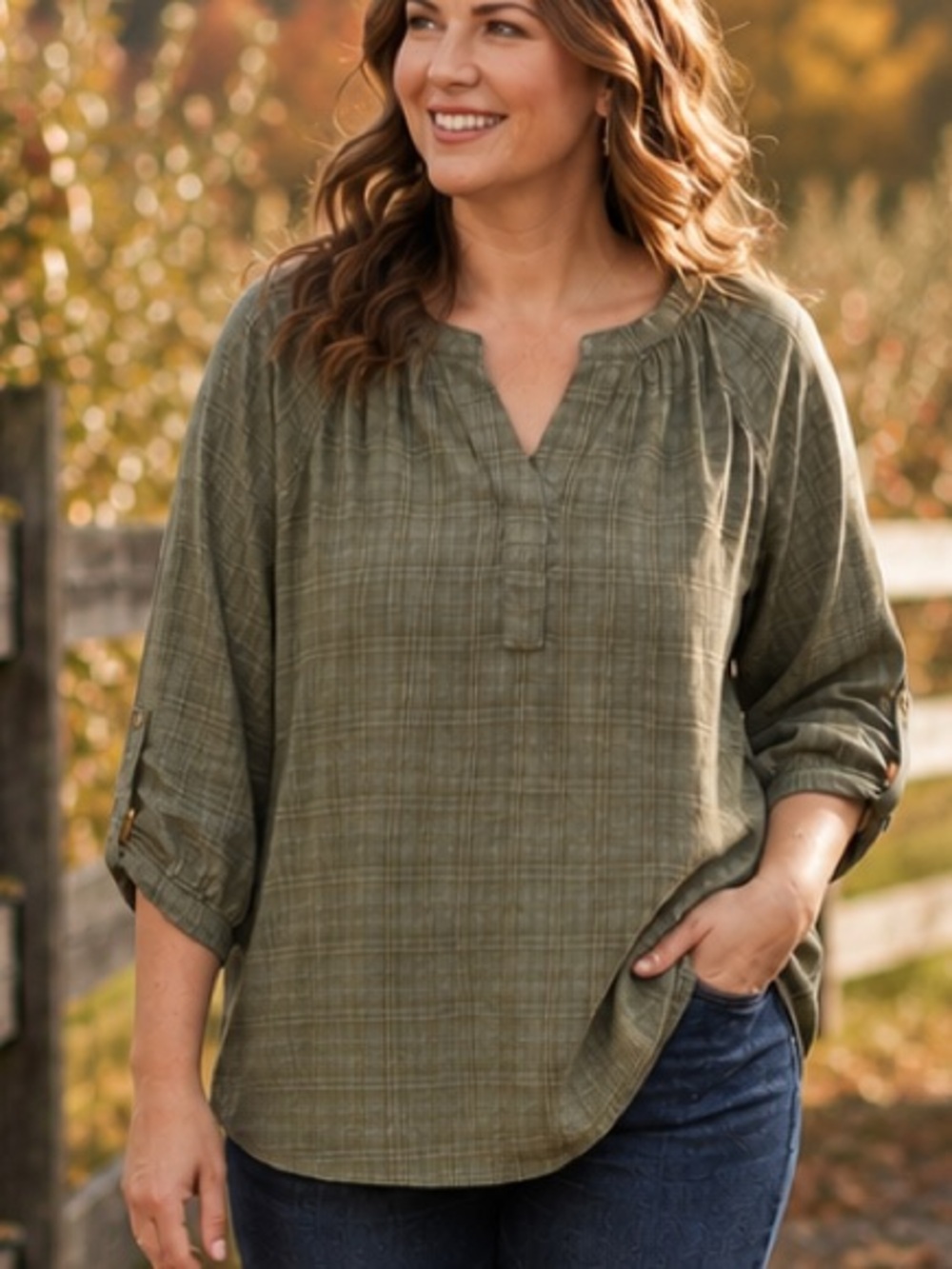 Christopher & Banks Plaid Peasant Top XL NWT Green Lightweight